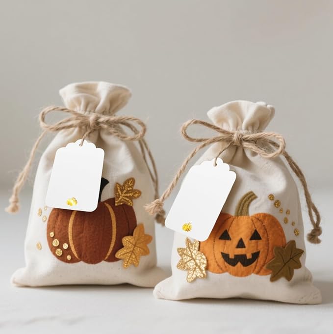100 Pcs Blank Gift Tags with String Gold Foil Pumpkin Large White Paper Gift Tags with 65 Ft Jute Twine Cute Tags for Halloween Autumn Fall Harvest Thanksgiving Gift Wrap Tags