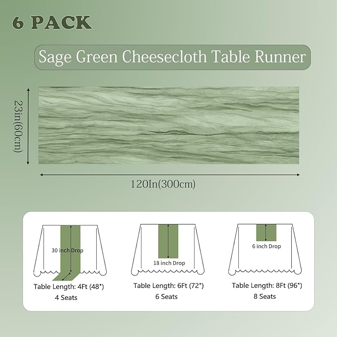 6 Pack Sage Green Cheesecloth Table Runner 23x120 inch Rustic Boho Gauze Table Runner 10 FT Long Sheer Cheese Cloth Fabric Table Runners for Romantic Wedding Bridal Shower Birthday Party Decor