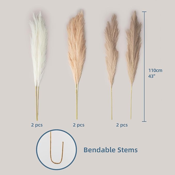 EVODIS Pampas Grass Decor Tall, 43"/110cm Faux Pampas Grass 6 Stems Large Pompass Grass Branches Tall Bulk Boho Flower Arrangement for Home Room Wedding Party Decor