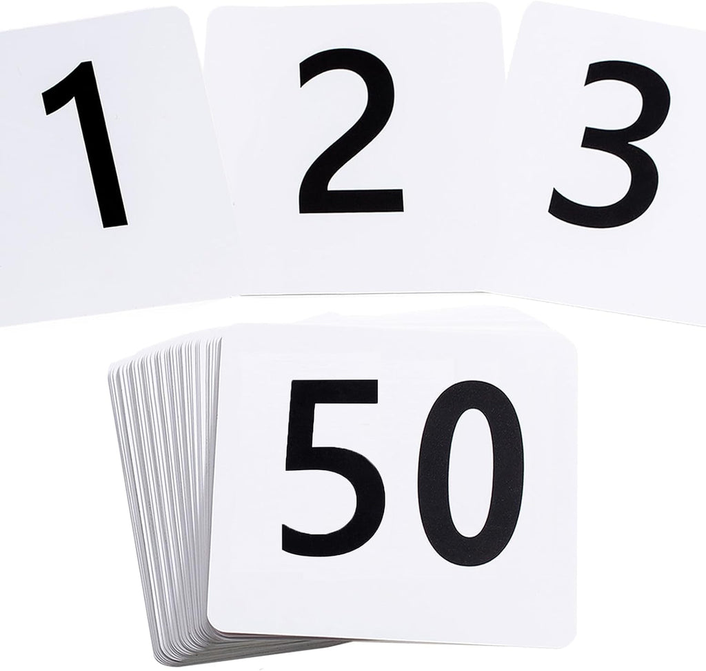 Toncoo 50Pcs Table Numbers 1-50, 3.7x4 Inch Plastic Table Numbers, Double Sided Table Number Cards - for Wedding Reception Restaurant Table Numbers Place Cards, White