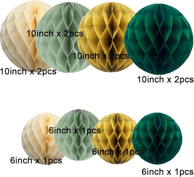 12pcs Sage Green and Gold Paper Honeycomb Balls,6" & 10" Hanging Tissue Pom poms for Birthday Party Decoration
