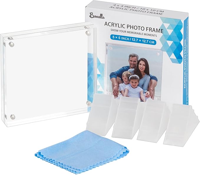 Boxalls 5x5 Acrylic Picture Frame, Clear Frameless 5x5 Inches Photo Frames with Magnetic, Double Sided Transparent Desktop Frame