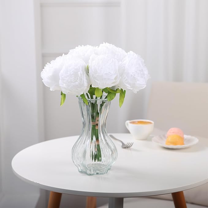 U'Artlines Artificial Peony Silk Flower with Stems 10pcs Real Look Vintage Peonies for Home Wedding Decoration(Pure White)