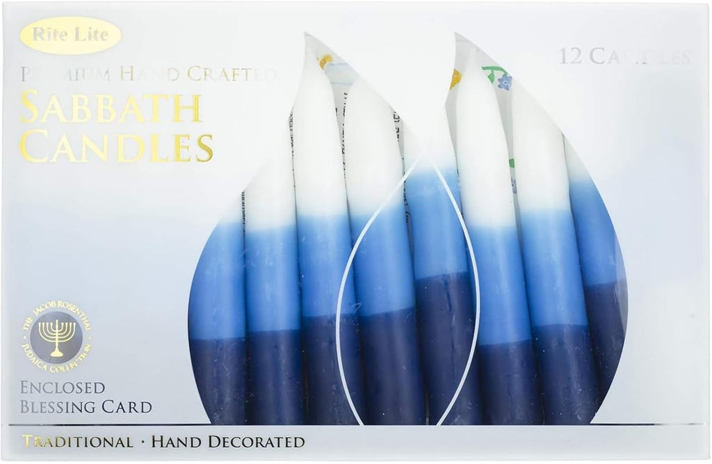 Rite Lite White & Blue Tricolor Shabbat Candles Premium 12 Pack Traditional Sabbath Dinner Table Jewish Home Decor Shabbos Candles Judaica Centerpiece Beautiful Gift Box & Hebrew English Blessing Card