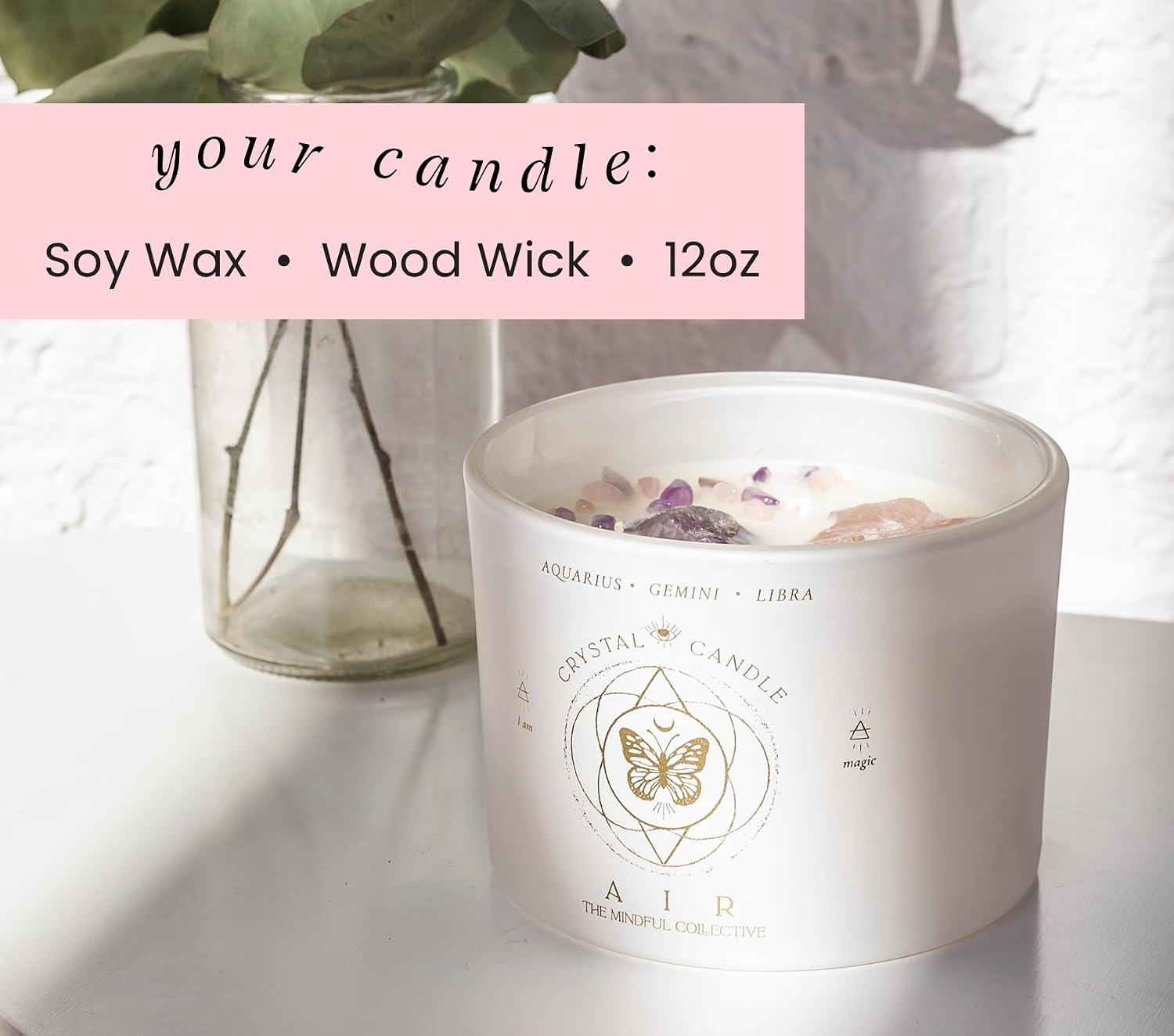 Aquarius, Gemini, Libra Gifts for Women - 12oz Wood Wick Candles that Crackle with Crystals and Healing Stones. Healing Crystal Candles for Women Home Scented. Soy Wax, for Zodiac Birthdate