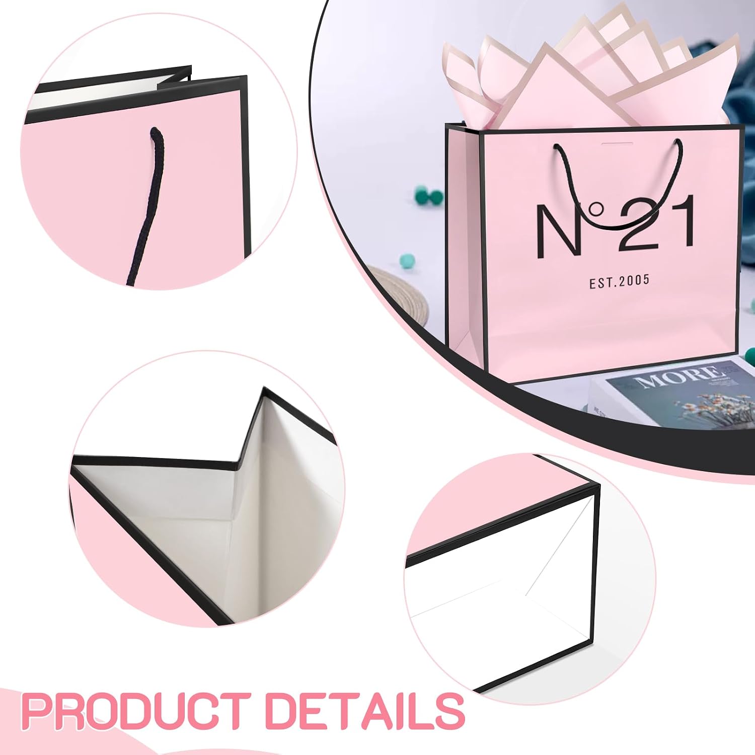 QLSKO 13" Birthday Gift Bag with Card Envelope Sticker Bow Ribbon and Tissue papers for Women Girls Design with Handles,13th-100th (EST.2005 21st, 13" W x 10.5" H x 4.3" D)