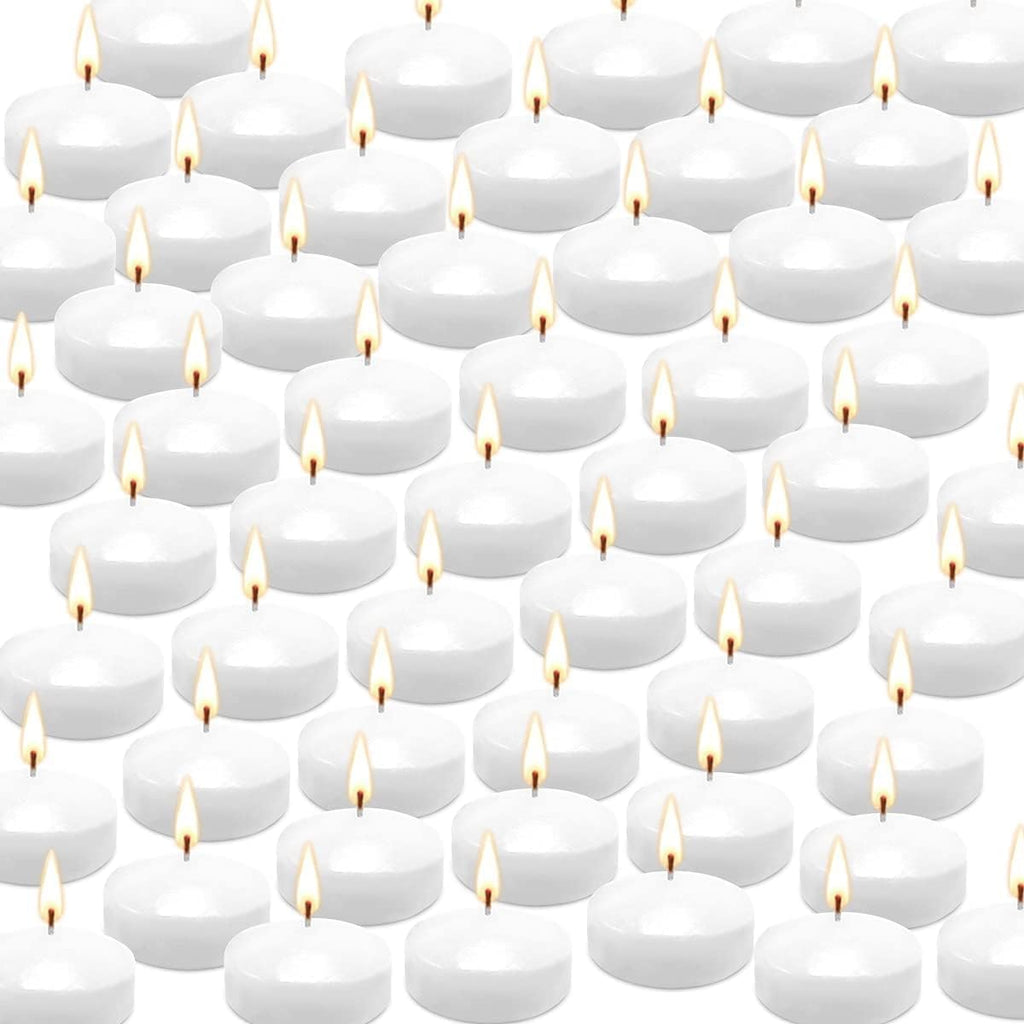 50 Pack of 2-Inch White Floating Candles - Ideal for Weddings, Home Décor, Spa Baths, and Romantic Settings.