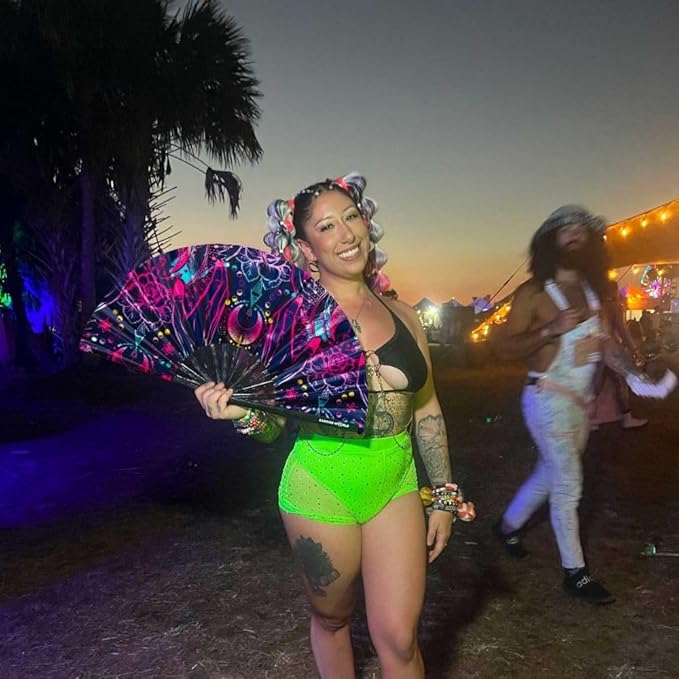 Kandies World UV Reactive Custom Festival Folding Hand Fan - Unique Designs, Made of Bamboo, Clacking Sound, Lightweight - Perfect Rave and Festival Accessory!