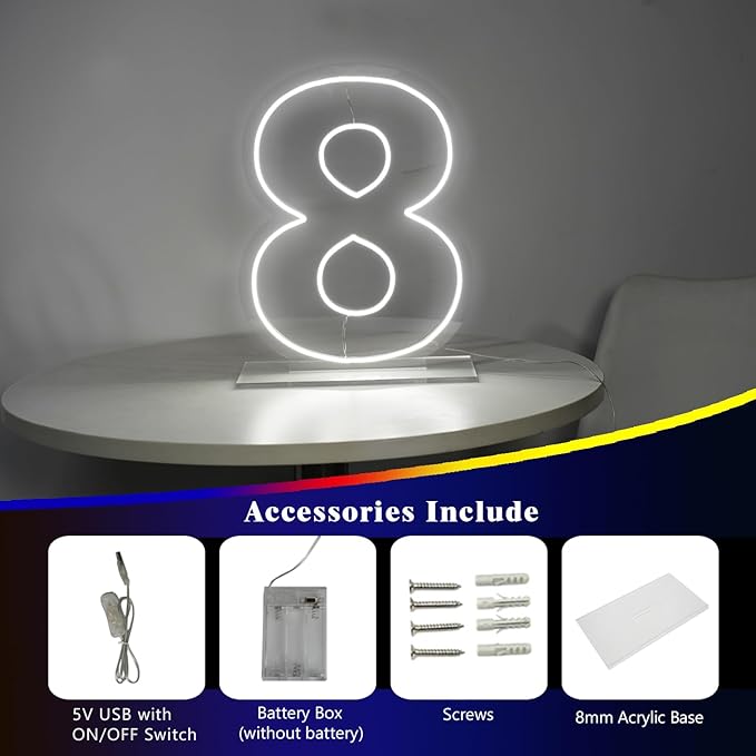 Number 8 Neon Sign for Birthday, 1.38ft Cool White USB Battery Powered Led Neon Sign for Party Wedding Anniversary Decor Light Sign (Number 8)