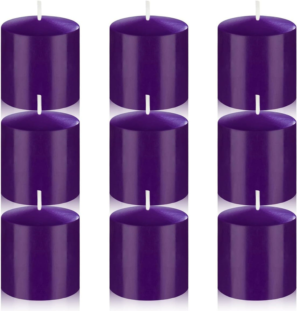 9 Packs Purple Votive Candles, Unscented Small 1.5 Inch by 1.25 Inch Dripless Colored Wax Votive for Home Holiday Party Table Decor - 8 Hour Burn Time