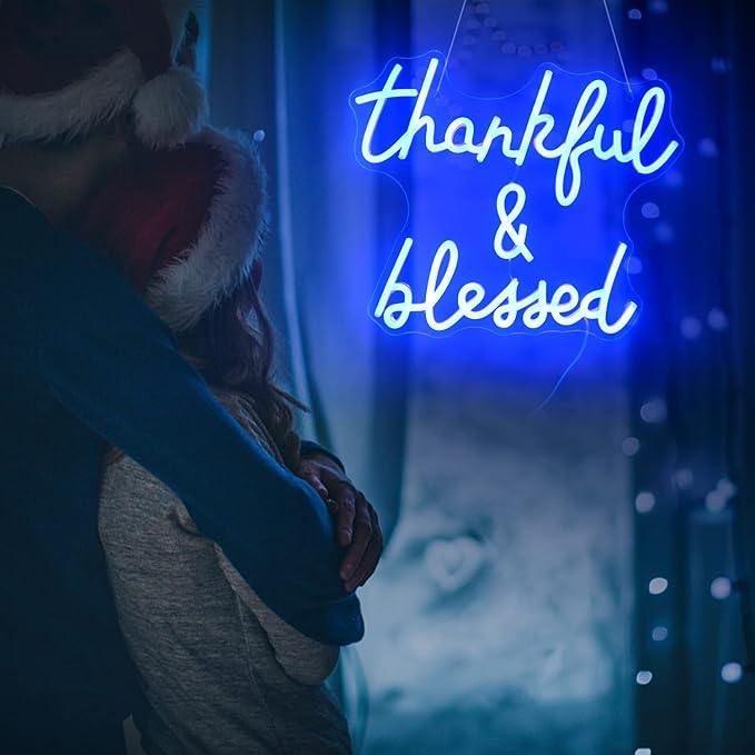 Thankful and Blessed Neon Sign Thanksgiving Led Sign Blessed Neon Lights Blue Light up Sign USB Powered Switch Neon Signs for Wall Decor for Wedding Decoration Birthday Party Girls Decor
