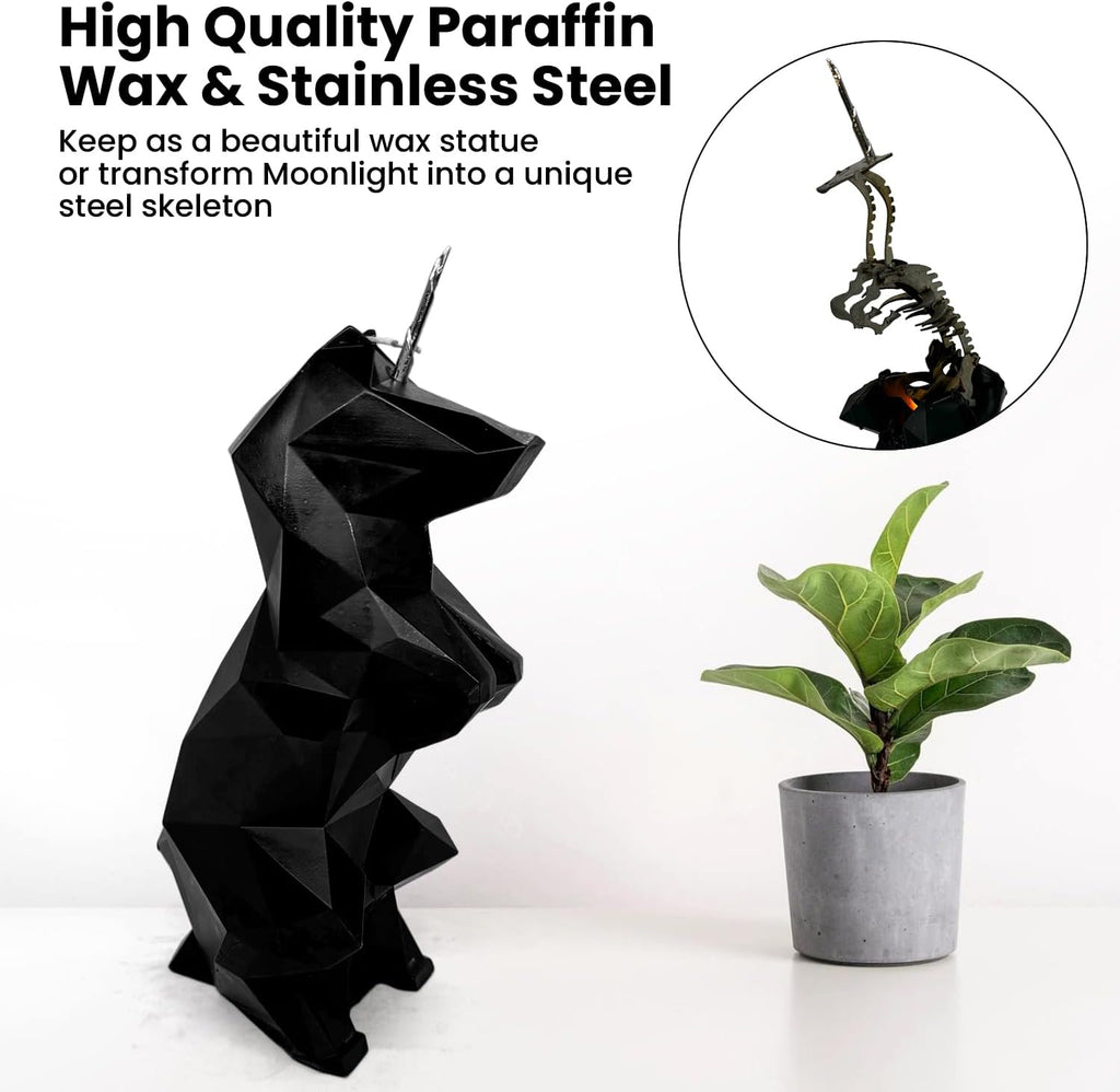 Moonlight Unicorn Skeleton Candle | Unveils Stainless Steel Frame | 8.5” Height | Superb Burn Time | Gift Packaging | Spooky Decoration | Skull & Bones Goth Horror (Black, Unscented)
