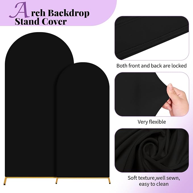 Wedding Arch Cover 6FT 7.2FT Arch Backdrop Cover Fitted Spandex Covers Set of 2 Round Top Chiara Arches Backdrop Stand Covers for Party Birthday Decoration（Black