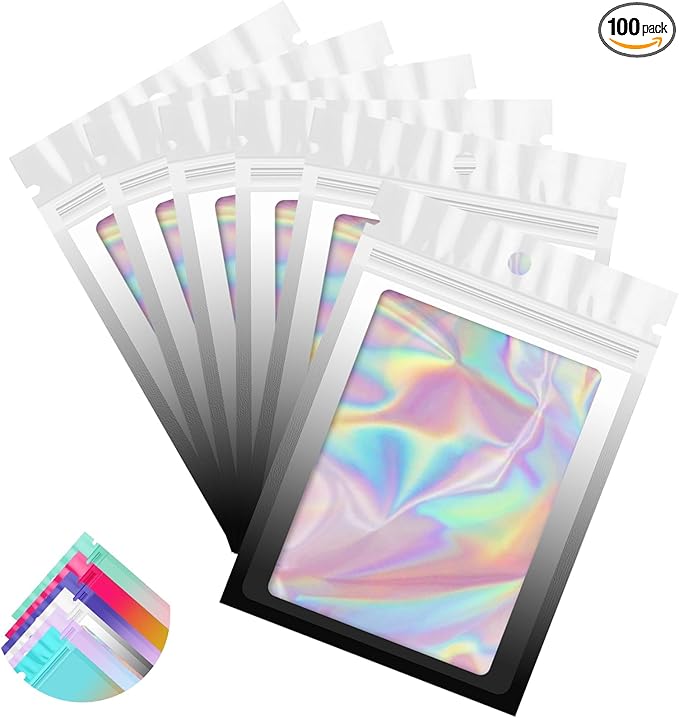 Funfery 100 Pack Gradient Holographic Bags,Resealable Bags with Zipper,Clear Window Packaging Pouchs,Foil Bag for Food Storage,Small Business,Sample Jewelry Bag(4.7×7In,White Black)