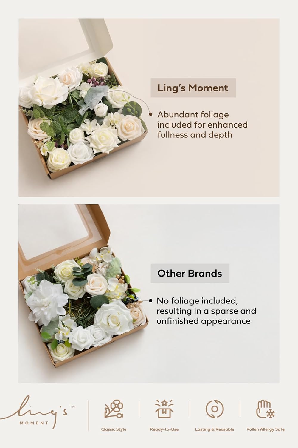 Ling's moment Fake Flowers Box, Faux Pampas Artificial Gardenia Foam Roses Silk Peony for Centerpieces Bouquet Wedding Floral Arrangements Bridal Shower Party, Earth Brown & Tawny Beige, Deluxe Combo