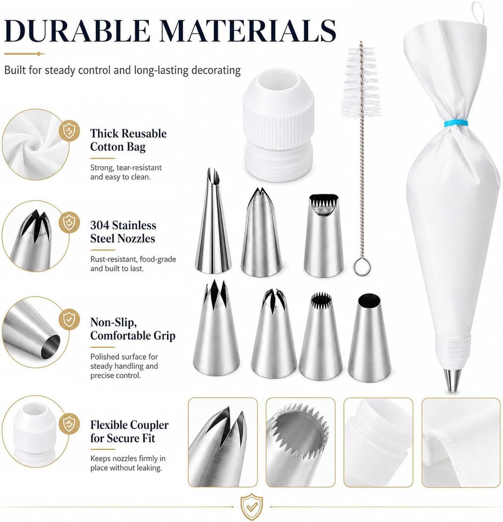 10-Piece Reusable Piping Bags and Tips Set-Cotton Baking Kit with Coupler,16inch Pastry Bags,Stainless Steel Nozzles & Cleaner for Cakes/Cupcakes/Cookies Decorating (10 Pcs)