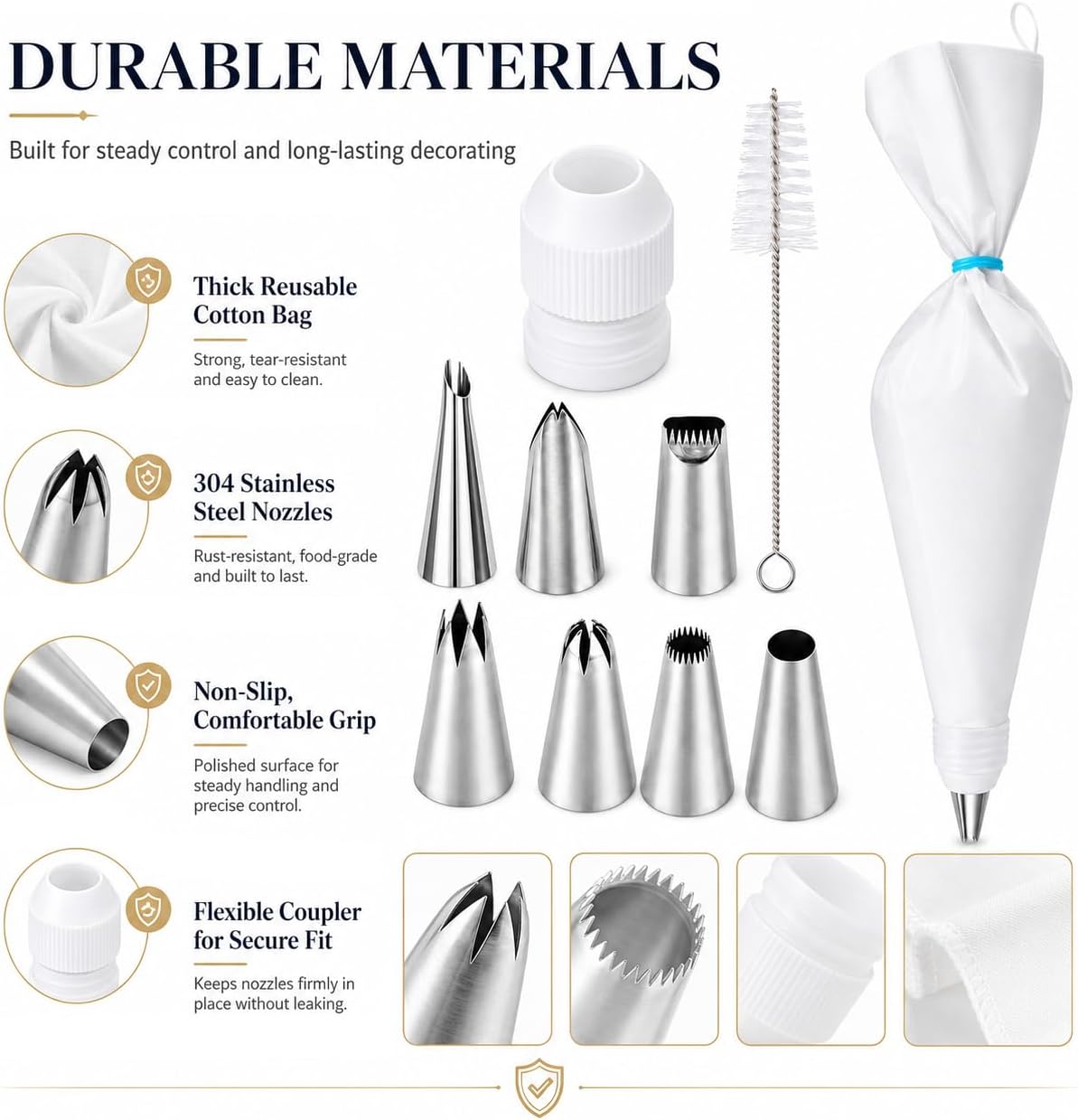 10-Piece Reusable Piping Bags and Tips Set-Cotton Baking Kit with Coupler,16inch Pastry Bags,Stainless Steel Nozzles & Cleaner for Cakes/Cupcakes/Cookies Decorating (10 Pcs)