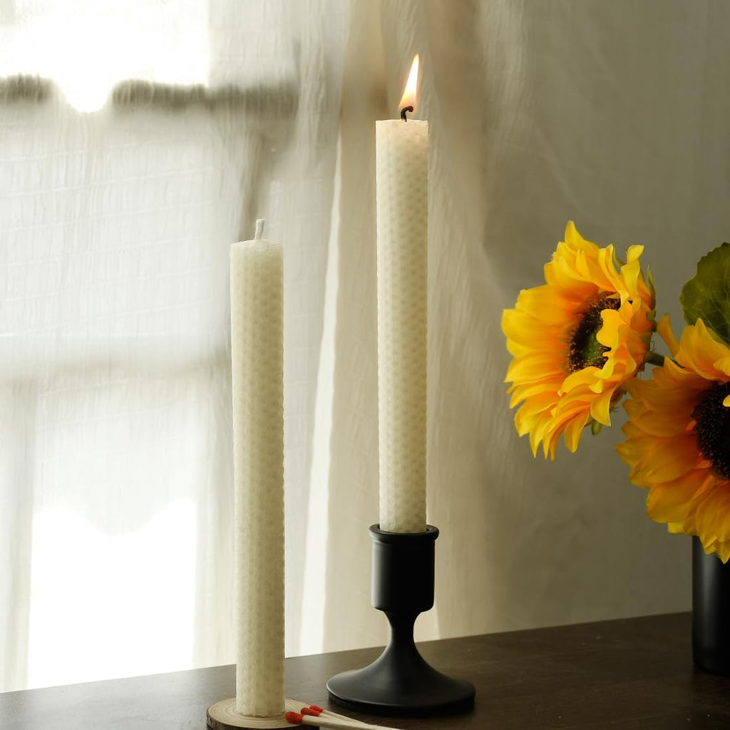 Pack of 4 Beeswax Taper Candles Hand Rolled - Dripless - Organic Natural Scent - 8 Inch in Off White