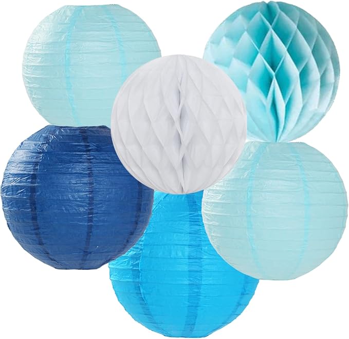 Light-Royal Navy-Blue White Party-Decorations Streamers - 14pc Boy Birthday Baby Shower Paper Lanterns Fan,Tissue Pom Poms,Honeycomb Balls,Bachelorette Bridal Wedding Engagement Decor Lasting Surprise