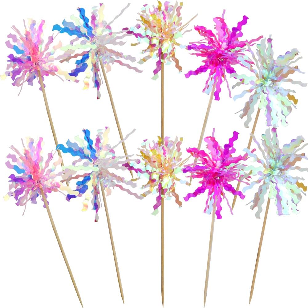 10 Pcs Happy Birthday Toppers, Sparkle Foil Cupcake Picks for Party | Foil Firework, Sparkle Tinsel, Drink Stirrers, Flowers Cake Decoration, Cocktail Food Fruit Toothpick