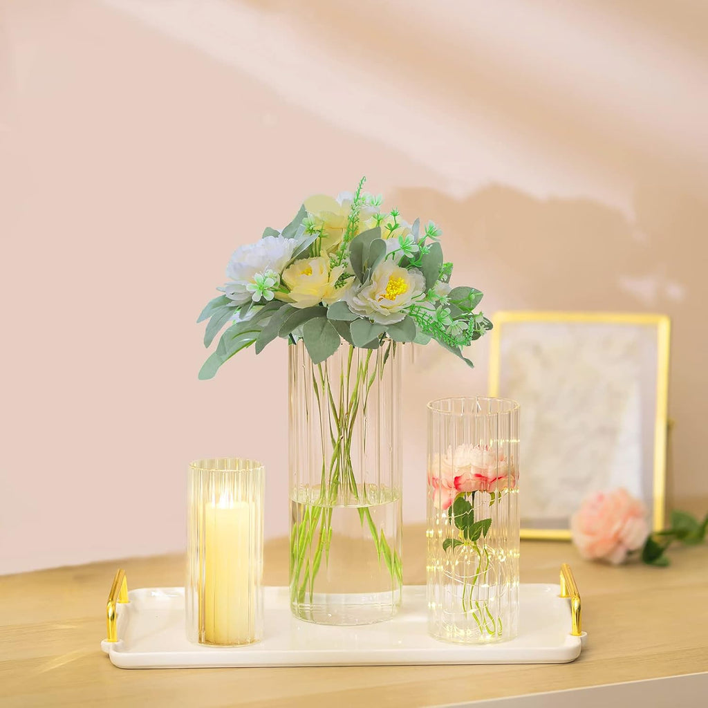 Hewory Glass Cylinder Ribbed Vases Set of 6, Tall Clear Vase for Centerpieces, Hurricane Candle Holders for Pillar or Floating Candles, Round Vases for Wedding Anniversary Events Home Table Decor