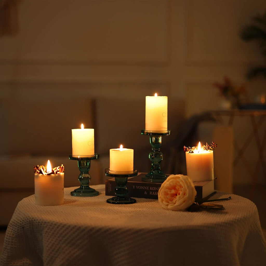 GMWD 3 Pcs Glass Candle Holder Set Clear, Green Candlesticks Holders Pillar Taper Candles Tealight Stand for Wedding Centerpieces Home Decorations Dining Table