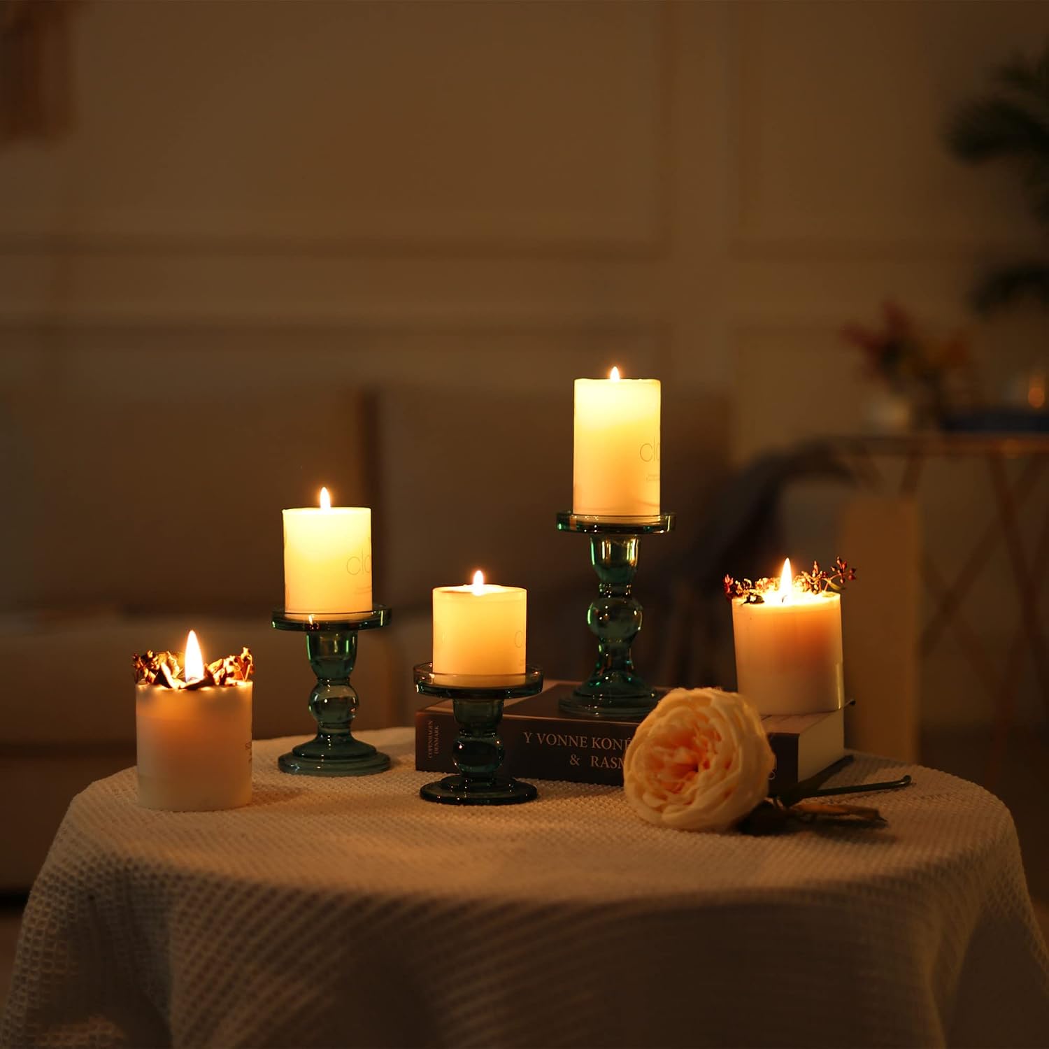 GMWD 3 Pcs Glass Candle Holder Set Clear, Green Candlesticks Holders Pillar Taper Candles Tealight Stand for Wedding Centerpieces Home Decorations Dining Table