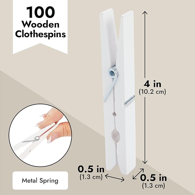 Juvale Wooden Clothespins - Outdoor Drying & Heavy-Duty Clothes Pins - White Clothespins for Home Decor & Photo Clips - Craft Projects & Wood Clips - Pack of 100, White, 4 in