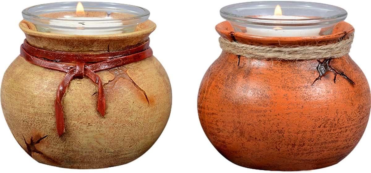 BLACK FOREST DECOR Southwest Pots Candle Holders – Set of 2 Rustic Votive Holders – Twine & Bead Accent – 3.6" x 2.8"