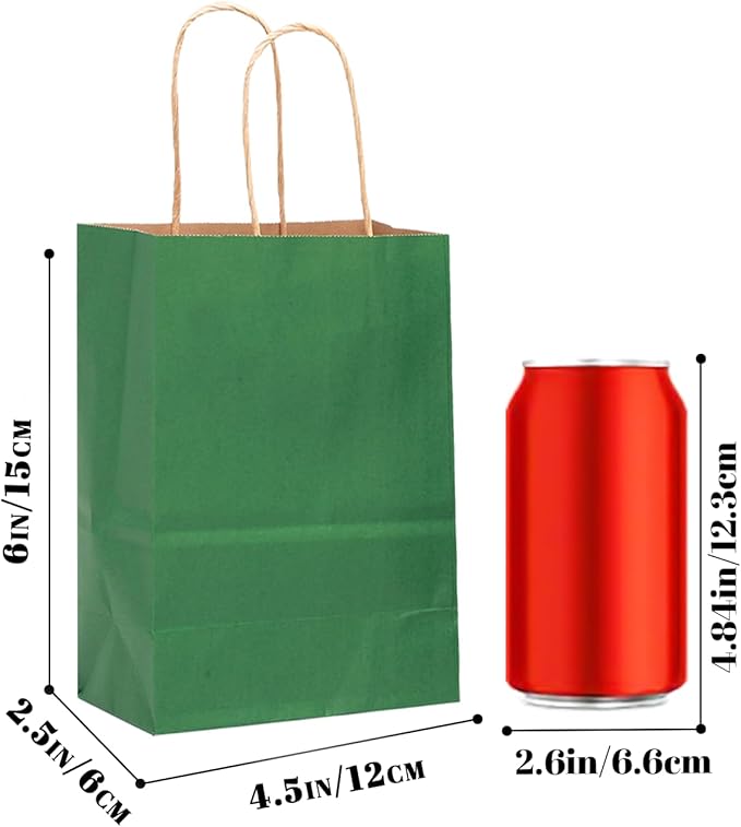 Bakepacker 100 Pcs Deep Green Mini Paper Gift Bags with Handles 6"x4.5"x2.5" Brown Kraft Party Favor Bags Multiple Uses (Mini size)