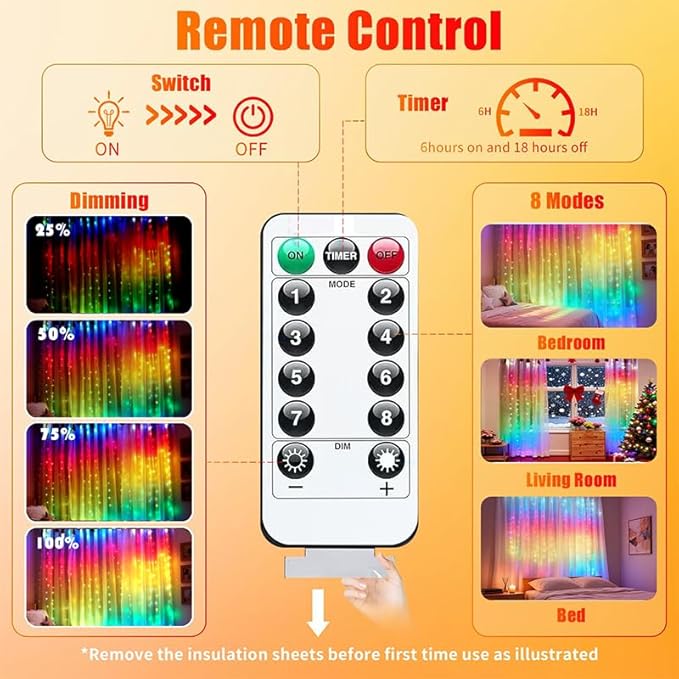300LED Fairy Curtain Lights, 9.8x9.8Ft Warm White USB Plug in 8 Modes & Timer Christmas String Hanging Lights with Remote for Bedroom Indoor Outdoor Weddings Party Wall Decorations(rainbow)
