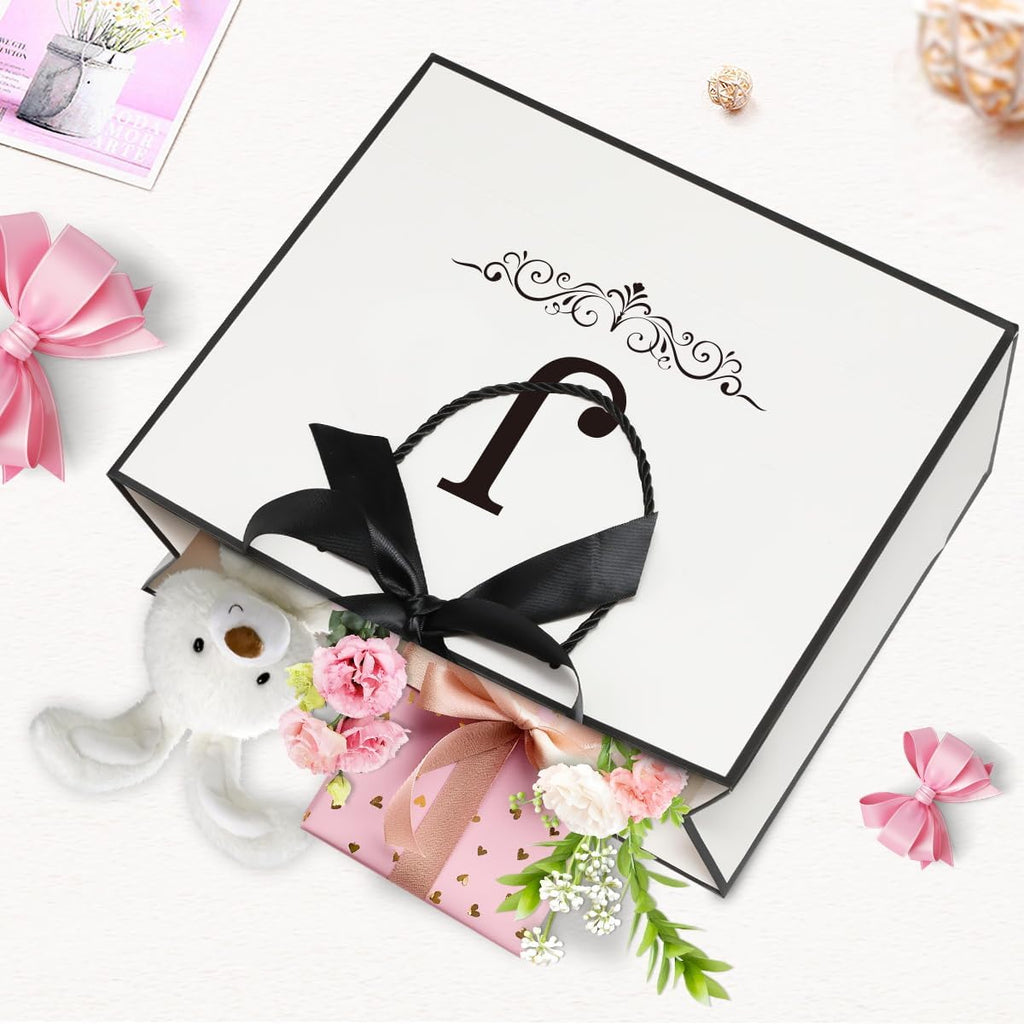 KeerxunBag Personalized Monogram Gift Bags Set - Initial J White Gift Bags with Bow, Tissue Paper, Greeting Card & Envelope for All | Medium Party Favors, Reusable Gift Packaging (J)
