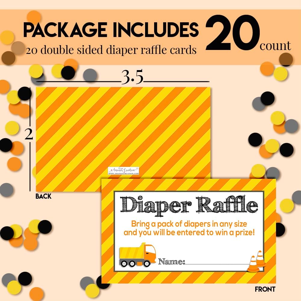 Amanda Creation Baby Under Construction Diaper Raffle Tickets for Baby Boy Showers, 20 2" X 3” Double Sided Insert Cards for Games, Bring a Pack of Diapers to Win Favors & Prizes!