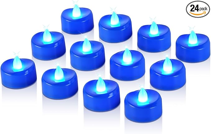 Raycare Blue LED Tea Lights Battery Operated, 200+Hour Flickering Votive Candles,Realistic Fake Flameless Tea Lights for Wedding Party Halloween Thanksgiving Christmas Decorations, 24 Pack