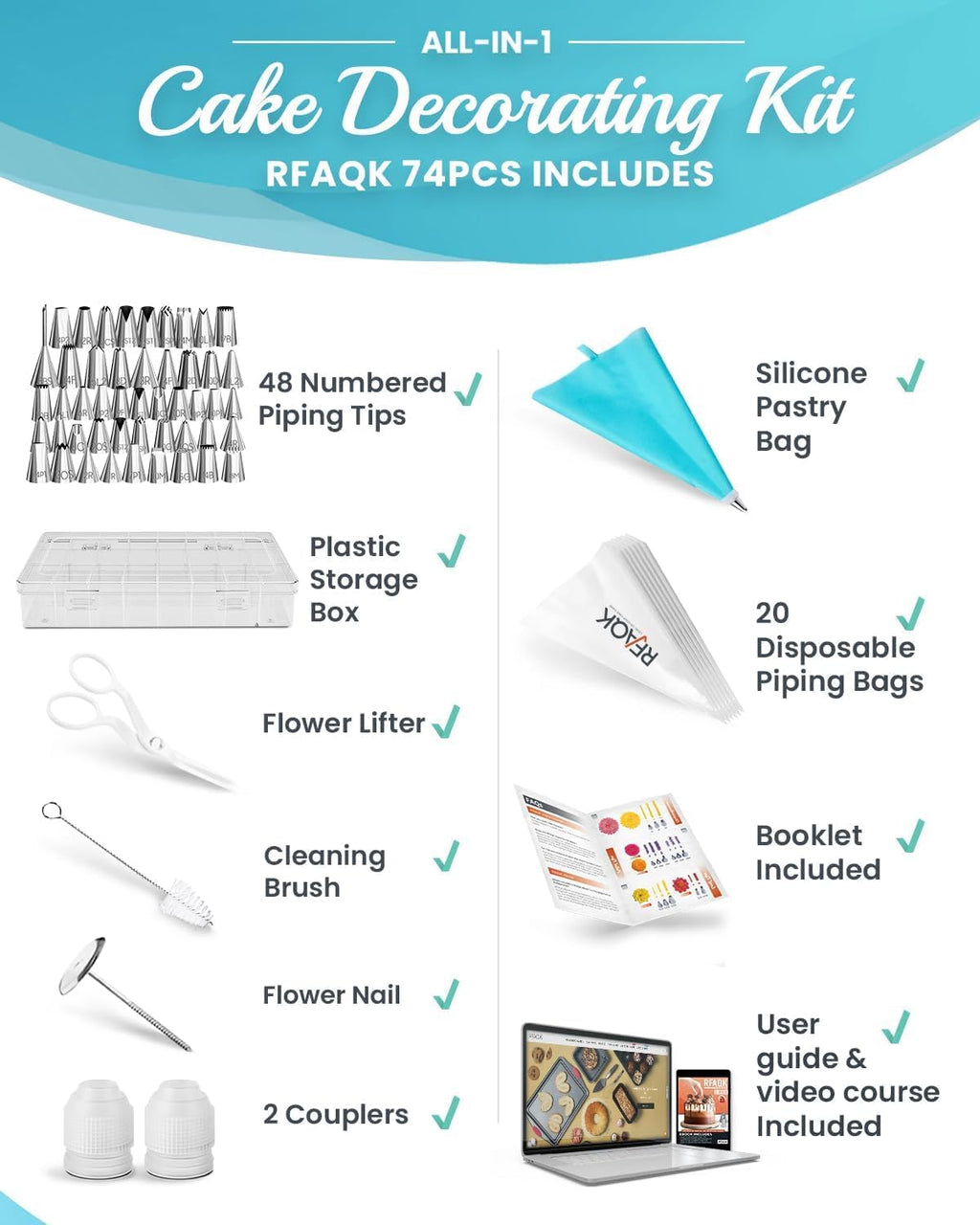 RFAQK 74 PCs Icing Piping Bags and Tips Set, Cake Decorating Kit with 48-Numbered Piping Tips, Anti Burst Pastry Bags for Cookie Cupcake Cake Decoration, Cake Decorating Tips Set with Booklet & E-book