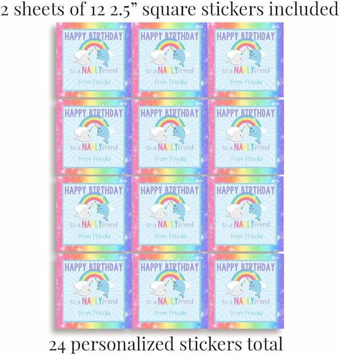 Custom & Personalized Narwhal Unicorn of The Sea Happy Birthday Gift Tag Sticker Labels, 24 2.5" Square Stickers by Amanda Creation