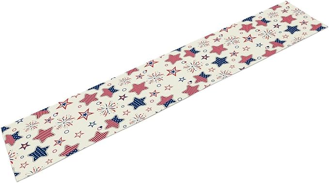 4th of July Table Runner, American Patriotic Independence Day Red Blue White Stars Stripes Fireworks Print Table Runner for Home Party Decor Kitchen Dining Table, 13x90inch