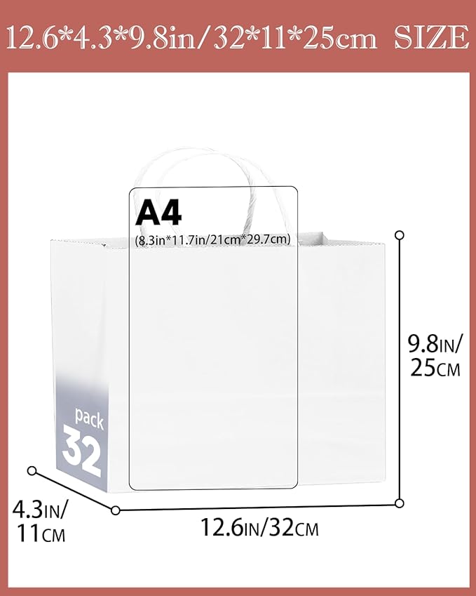 qiqee 50-Packs White Paper Gift Bags with Handles Bulk 12.6"x4.3"x10" Wide Large Size Party Favor Bags Multiple Uses