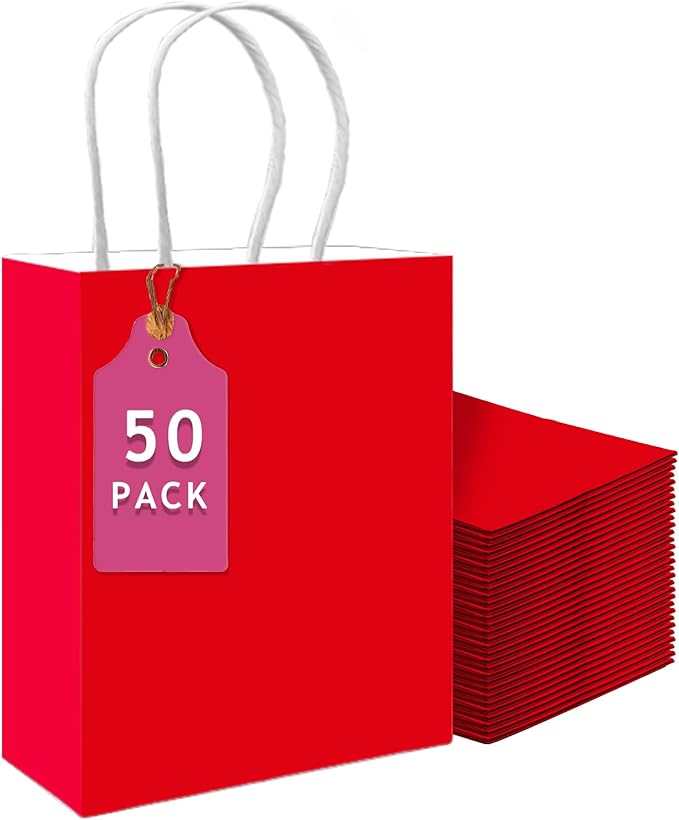 qiqee 50-Packs Red Paper Gift Bags with Handles Bulk 13"x10.3"x4.6" Large Size Party Favor Bags Multiple Uses