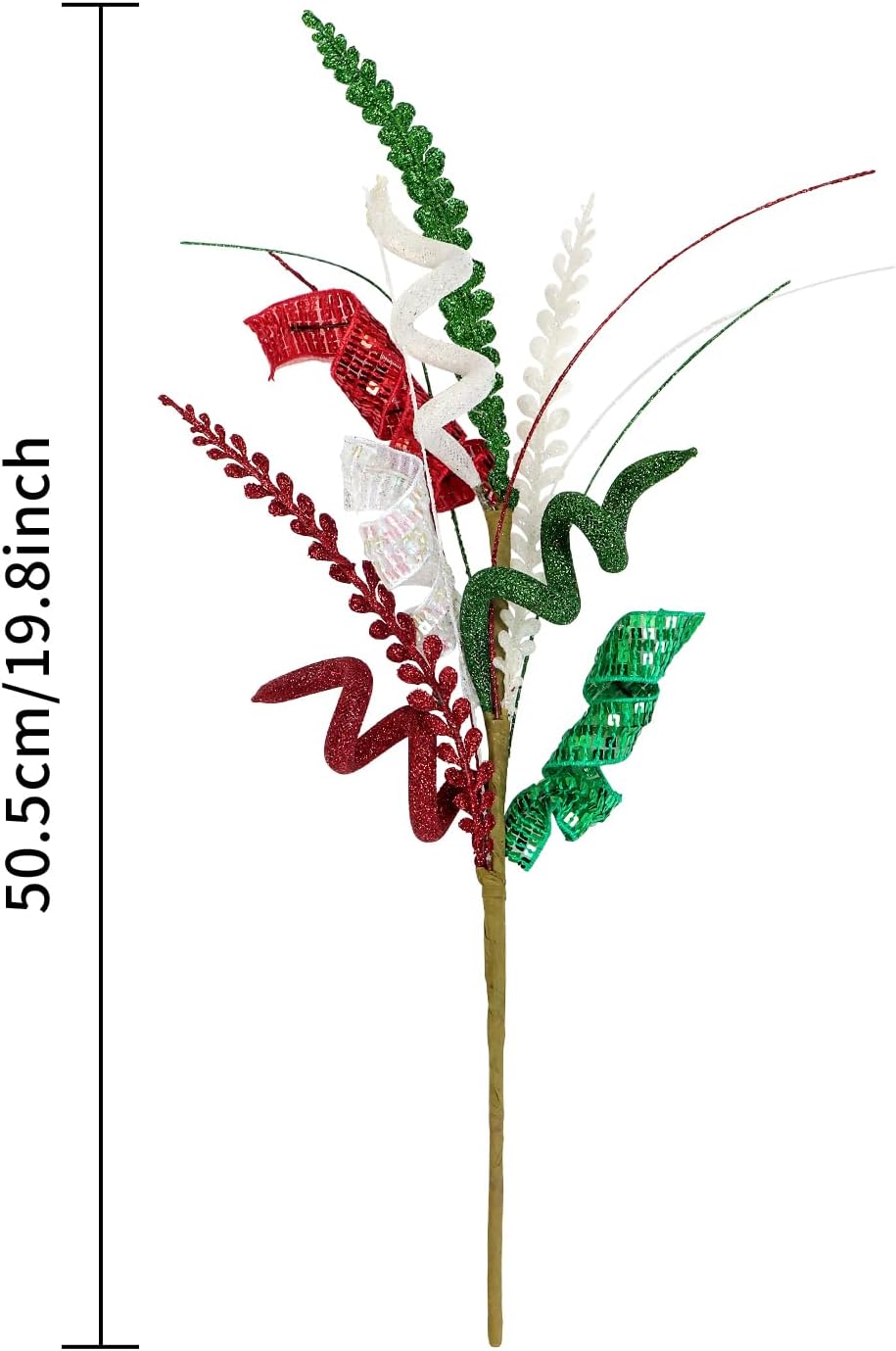 Glitter Curly Sprays Set of 3 Artificial Leaf Christmas Tree Topper Picks 20" Sequins Spiral Stems Candy Sticks for Xmas Tree Wreath Vase Fillers Branches Winter DIY Crafts (Red Green White)