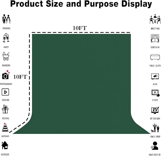 10x10FT Dark Green Screen Backdrop Photography Green Background for Streaming Zoom, Photo Studio, Collapsible High Density Screen for Video Photography and Television