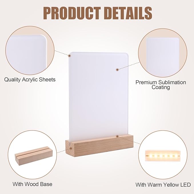 6" x 8"- 4 pcs Acrylic 2 pcs Frame Sublimation LED Acrylic Photo Frames Night Lights Blanks Heart Shape,with Warm Color Light with Wood Stand for Heat Press Machine Printing