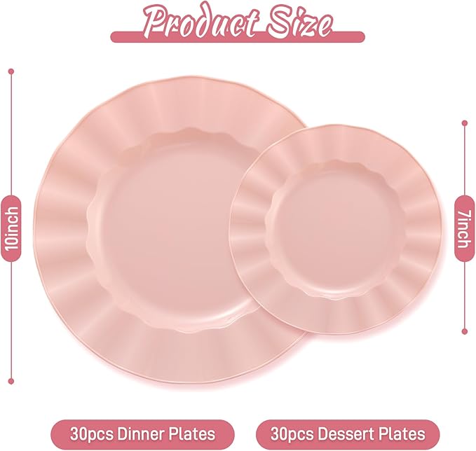 60Pcs Premium Pink Plastic Plates, Fancy Nice Disposable Plate, Elegant Wedding Plates Set include 30 10" Dinner & 30 7" Dessert Plates for Party & Wedding（30Guests