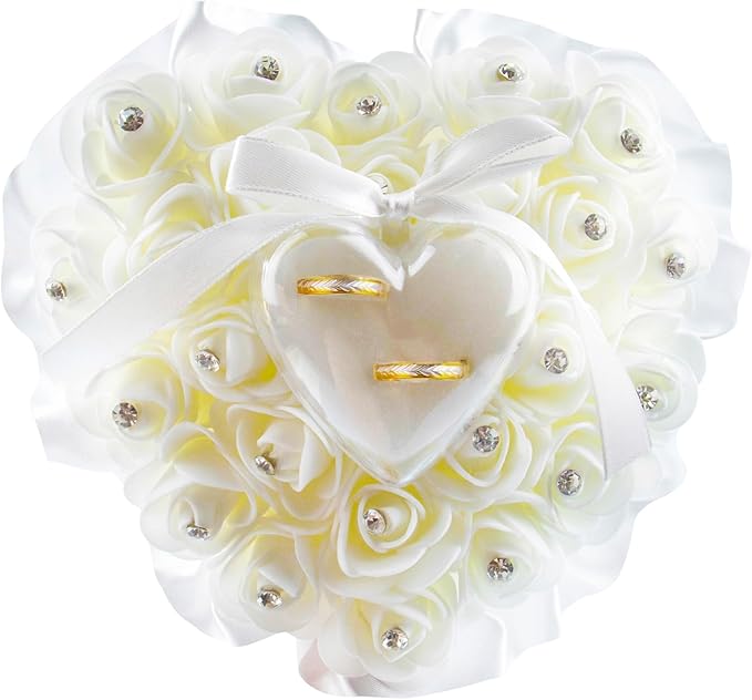 AUEAR, White Wedding Ring Holder Pillow Heart Shape Lace Rose Flower Rhinestone Crystal Box for Ceremony