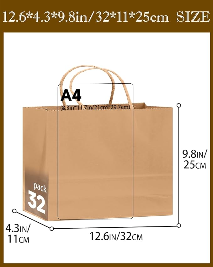 qiqee 50-Packs Brown Paper Gift Bags with Handles Bulk 12.6"x4.3"x10" Wide Large Size Party Favor Bags Multiple Uses