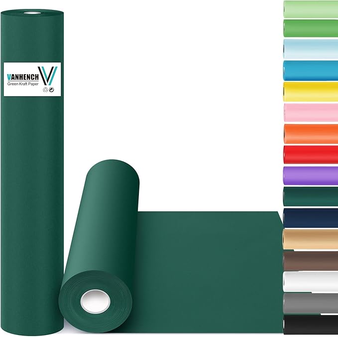 Vanhench Green Wrapping Paper 17.5" x 760" (63'), Solid Color Art Kraft Craft Paper for Bouquet Flower Crafts Packing Birthday Christmas Wrapping Poster Bulletin Board 80GSM 55LB