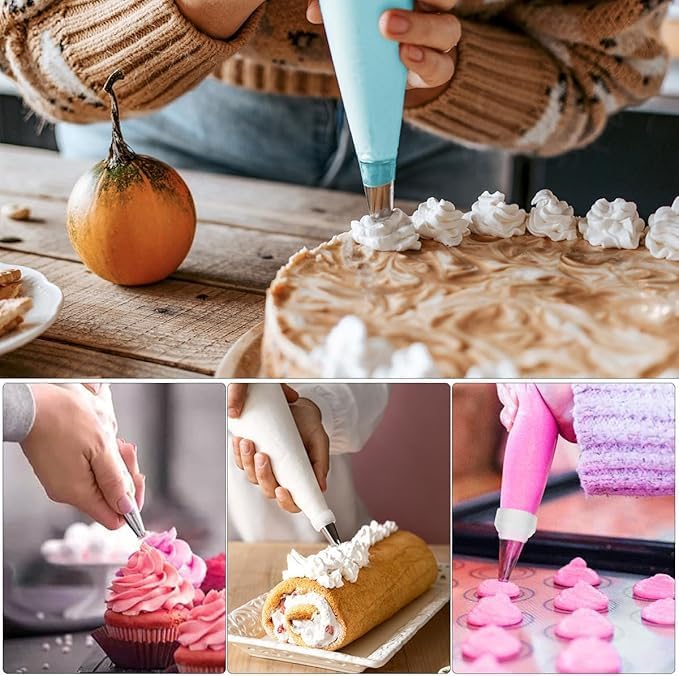 100Pcs Piping Bags and Tips Set, 12 Inch Pastry Bags, Icing Bags Disposable for Cakes Decorating Kit Supplies with 1 Reusable Piping Bags, 1 Couplers, 12 Frosting Tips, 2 Bag Ties, 3 Cake Scraper