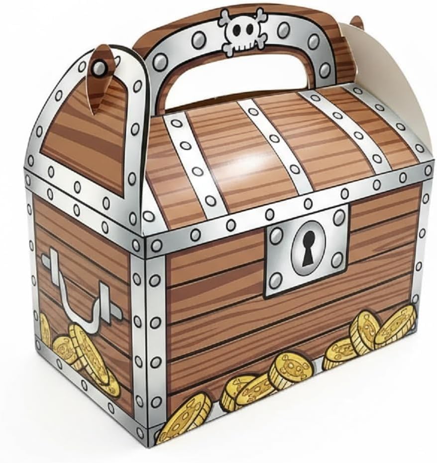 Zugar Land Pirate Treasure Chest Treat Box (6.5" x 6.5" x 3.5") Paper Cardboard. Decoration Party Favor Goodie Candy Box Grab Bag (24)