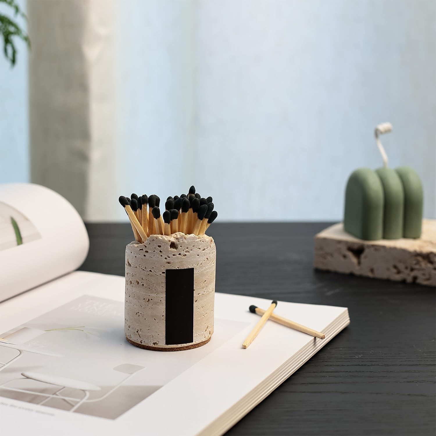 Match Holder with Striker - Set of 2 - Handmade Travertine Match Box - Matches in a jar for Bathroom Candle - Cute Home Decor - Matches Not Included
