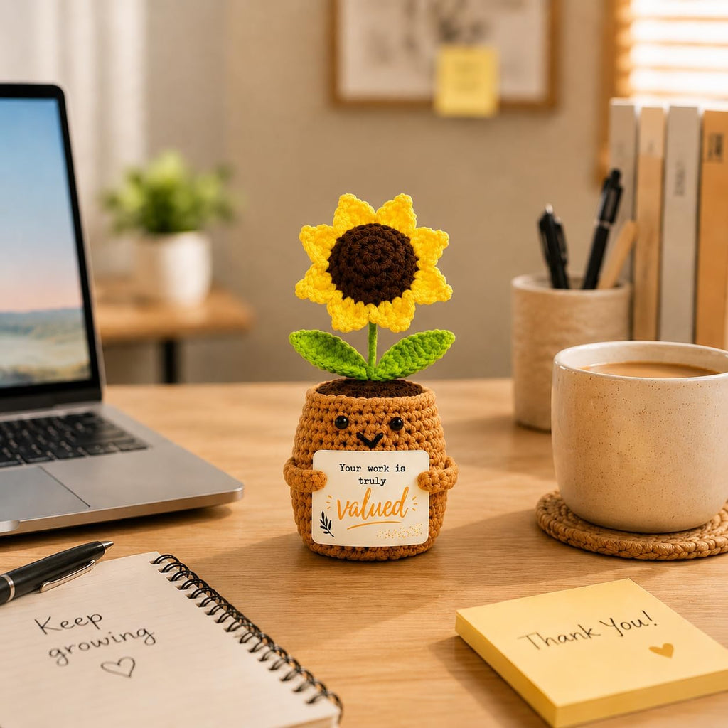 Handmade Positive Sunflower Crochet with Cards - Appreciation Gift for Coworkers, Teachers, Nurses and Friends - Desk Decor